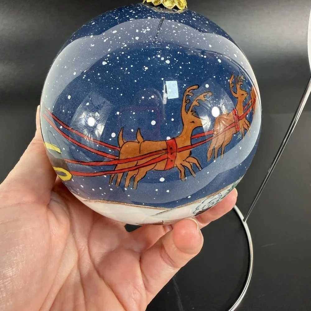 Pier 1 Li Bien 1999 Christmas Ornament Ball Santa Sleigh Hand Painted Cabin